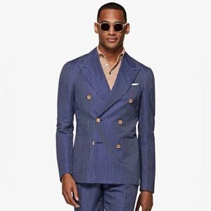 Suitsupply Havana Navy Pinstripe Double-Breasted Linen Cotton Suit 36R